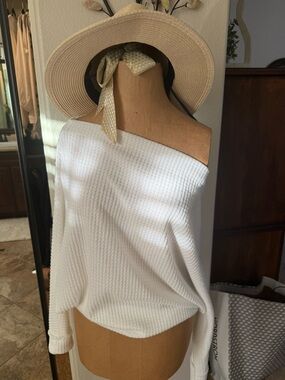 Elan Cream Off-the-Shoulder Ribbed Knit Sweater